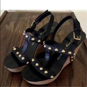 JUICY COUTURE Black Leather Gold Stud Wedges  8M